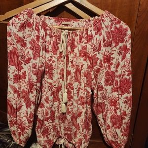 Ralph Lauren denim tassled drawstring peasant blouse  Cream  with Rose print